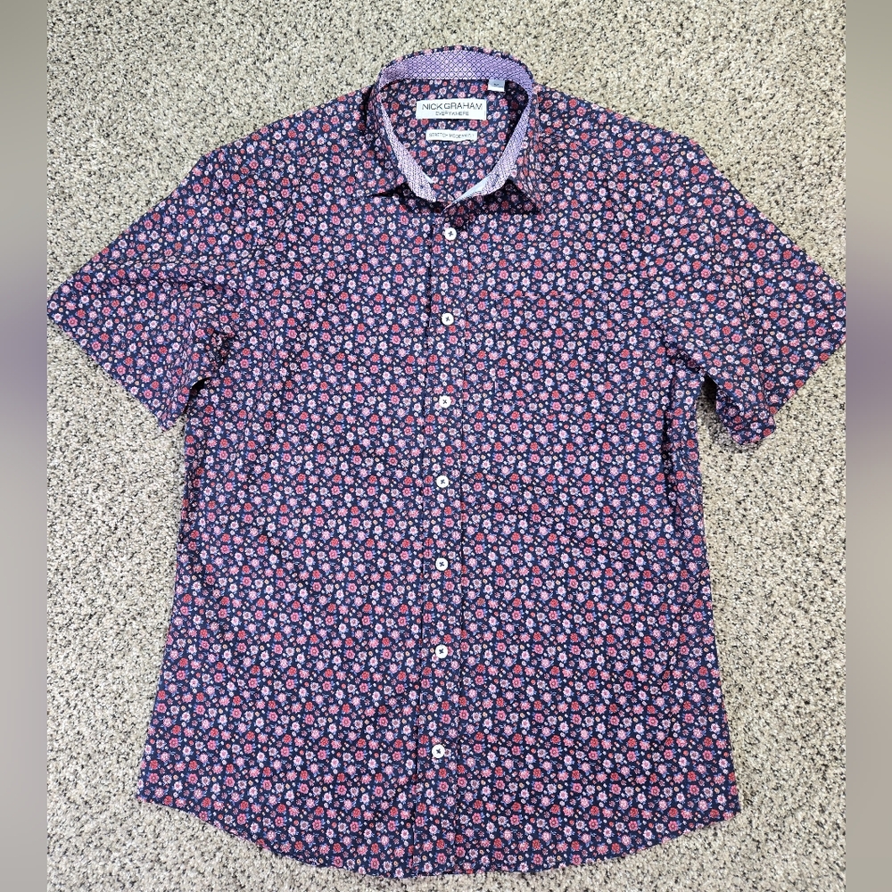 Nick Graham Men's Performance Stretch Printed Woven Short Sleeve Button Up Shirt